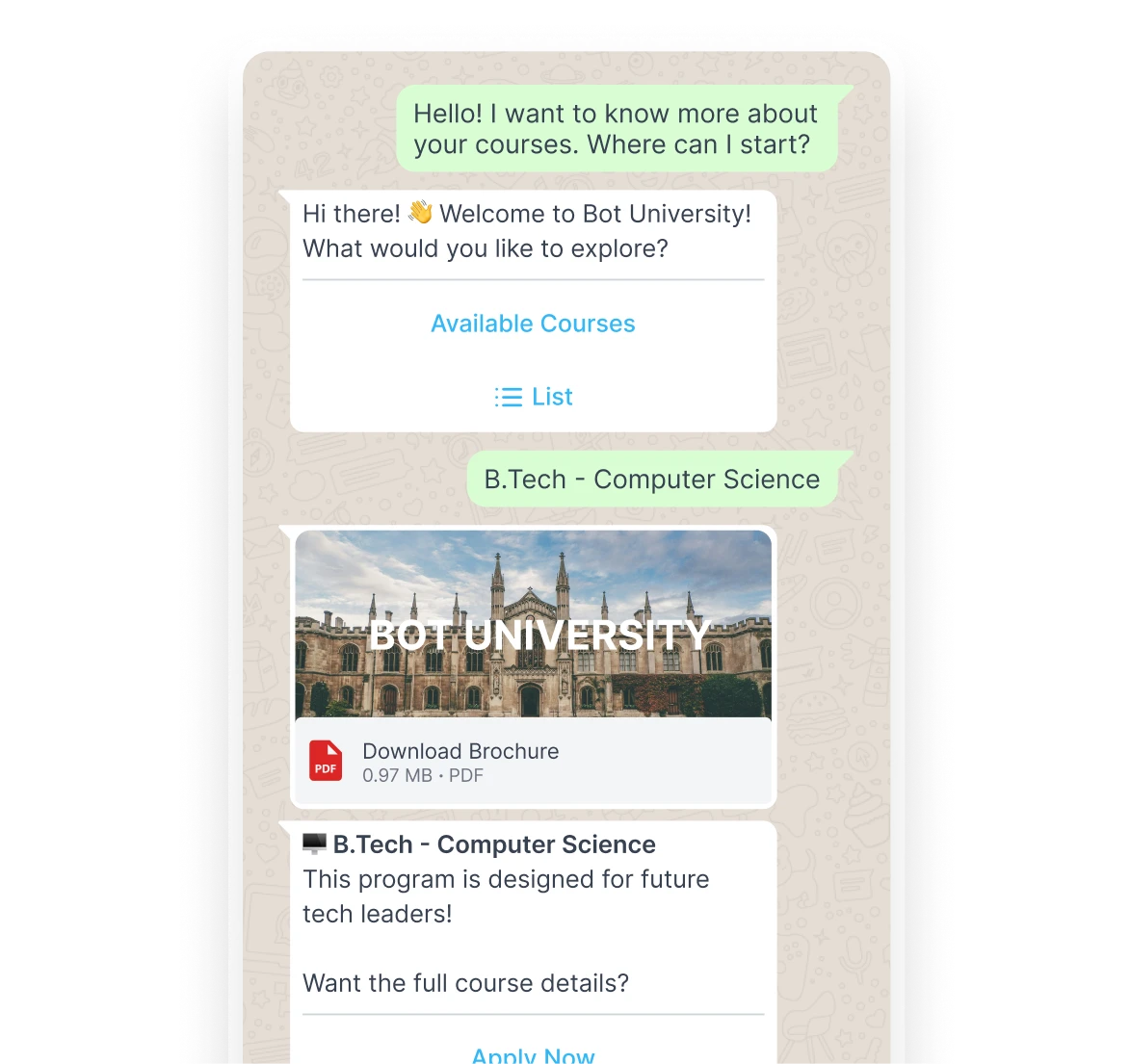 Student enrollment interface on WhatsApp